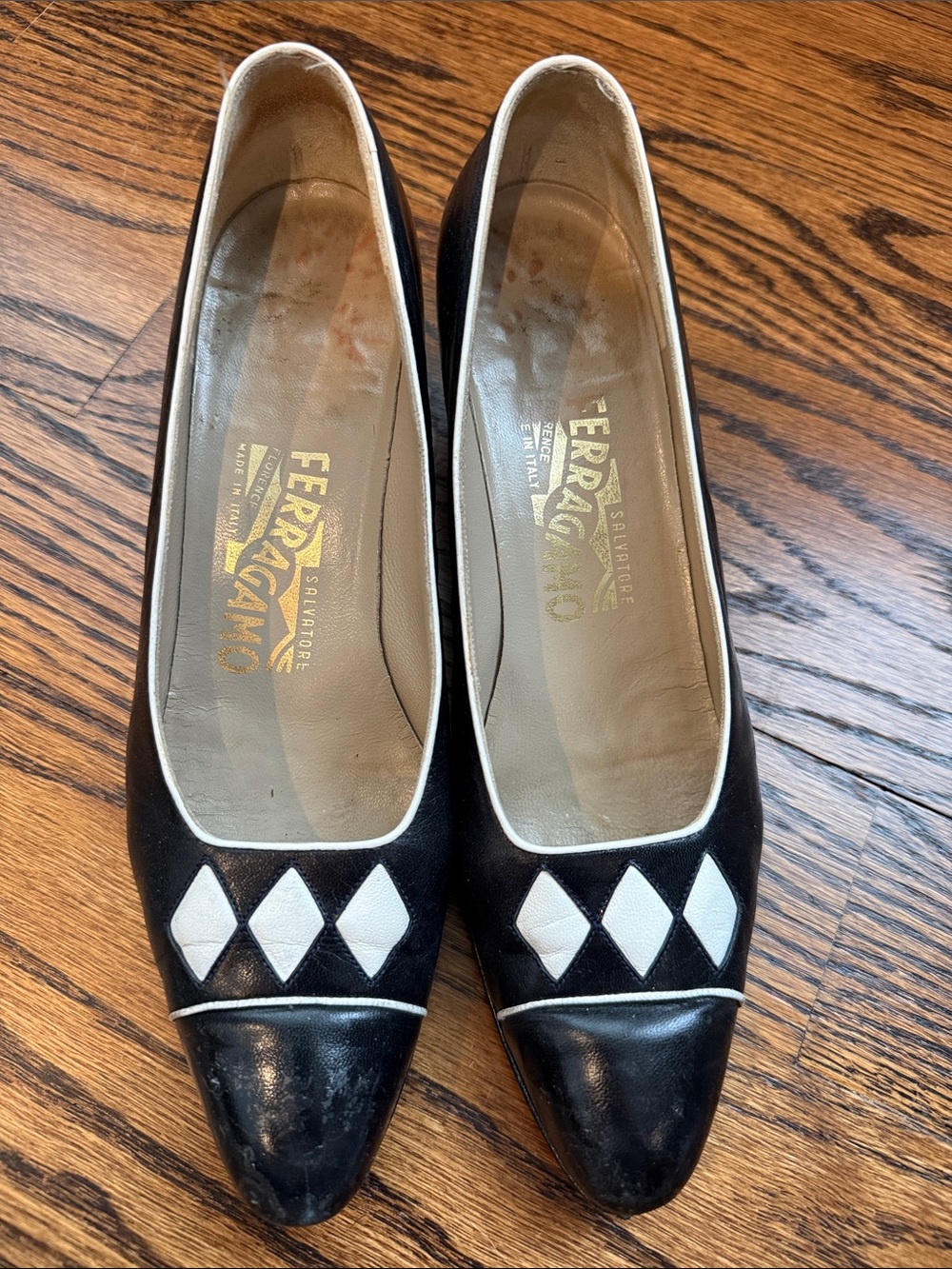 Vintage Salvatore Ferragamo Black and White Diamond Accent Leather Heels